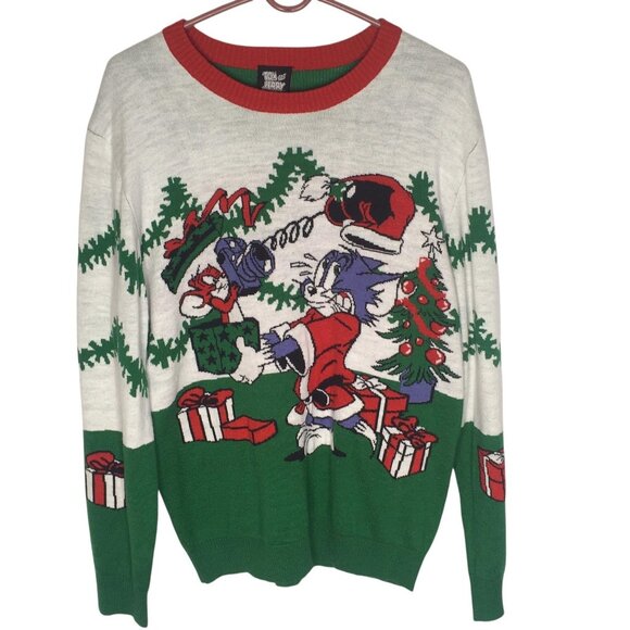 Tom and Jerry Sweater Mens Large Green Red Christmas Ugly Crewneck Pullover - Picture 1 of 15